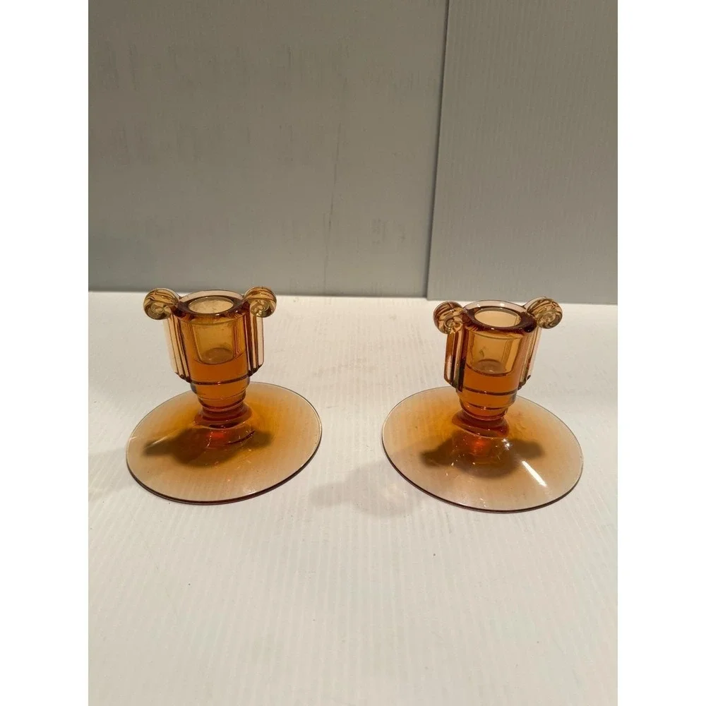 Vtg Fostoria Amber Glass Scroll Candle Holder Pair 1930s Art Deco Elegant MCM